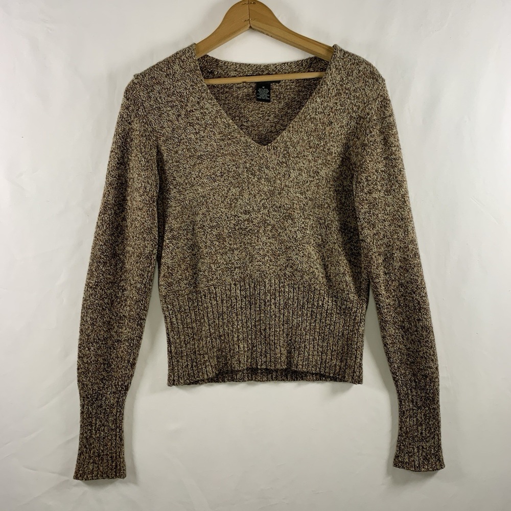 VTG Y2K Preppy Marl Knit Fitted Sweater Size M Brown Wool Silk Cashmere Blend